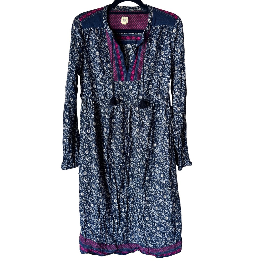 GAP Maternity Womens XS Navy Blue‎ Floral Boho Tassel Long Sleeve Rayon Dress